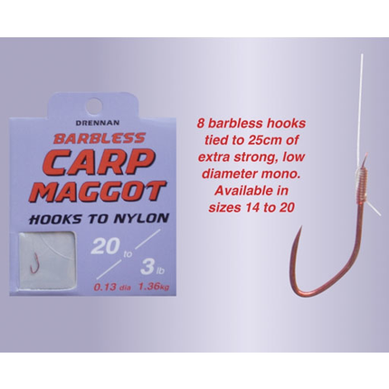 Drennan Carp Maggot Barbless Hooks to Nylon